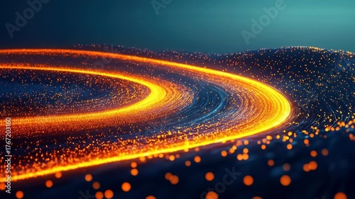 Curving light streaks on blue terrain with dispersed glowing particles