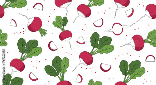 Vibrant seamless pattern featuring fresh red radishes, green leaves, slices, and abstract outlines scattered playfully on a white background.