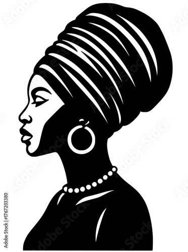 African woman in traditional head wrap turban silhouette profile. Elegant black female with earrings and necklace. 