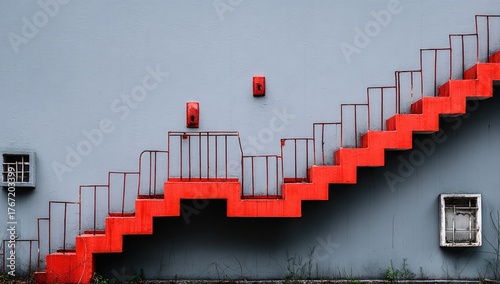 Bright orange stairs ascend against a neutral gray wall with windows.