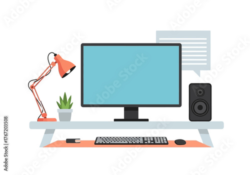 Modern Computer Setup with Desk Lamp and Speaker.