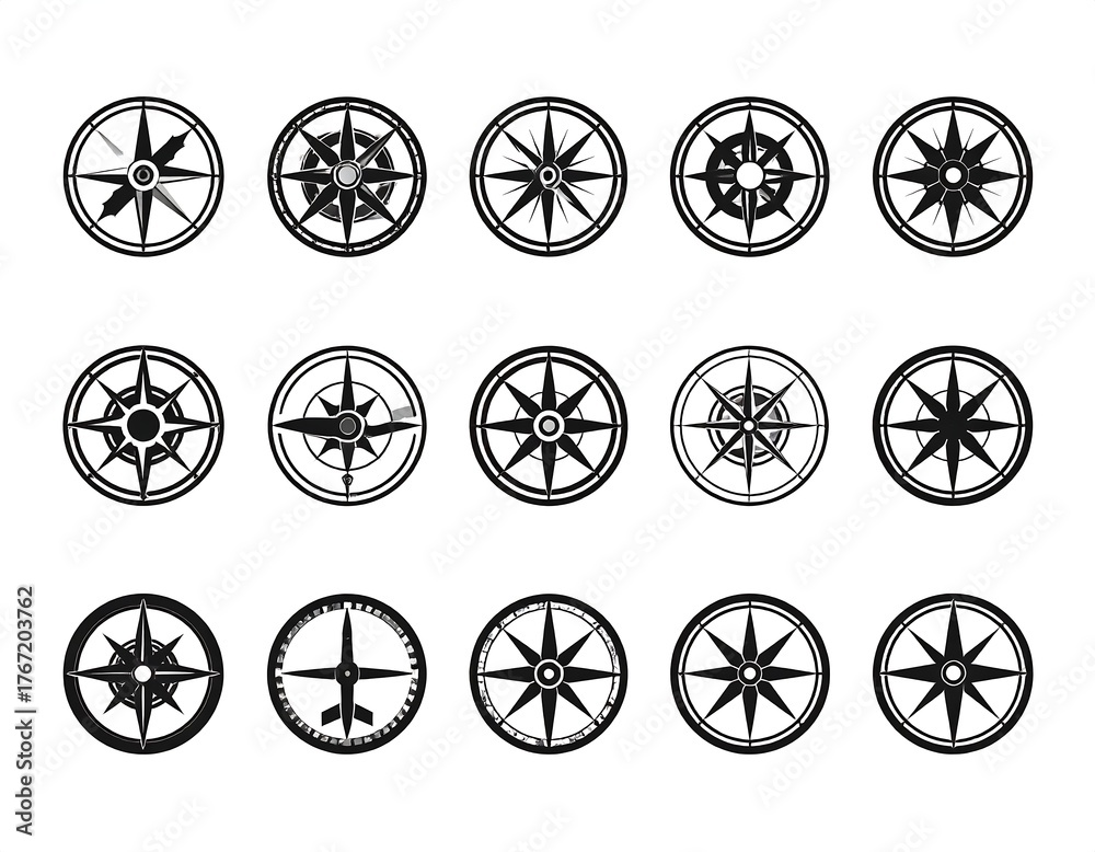 Fototapeta premium A collection of various black and white navigation compass designs