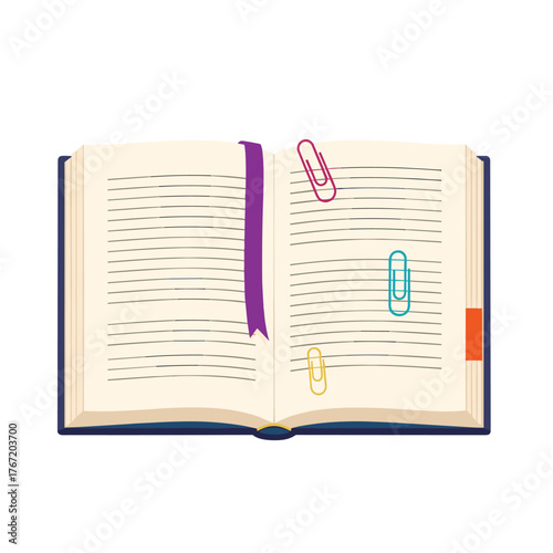 Open book with bookmark and paperclips, perfect for reading and learning purposes, on a white background, isolated.