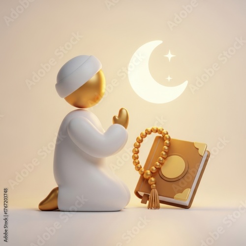 A 3D illustration of a Muslim man reading the Holy Quran under moonlight, symbolizing faith, devotion, and peace during Ramadan nights.