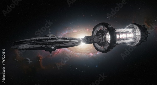 Fototapeta Naklejka Na Ścianę i Meble -  Futuristic space station with galaxy background