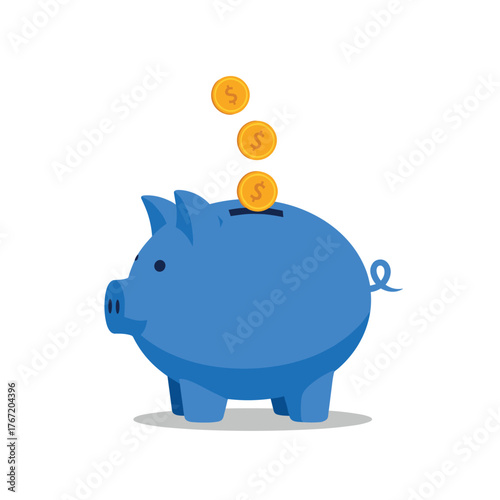 A blue piggy bank with three gold coins being deposited into it, symbolizing savings, finance, and investment concept.