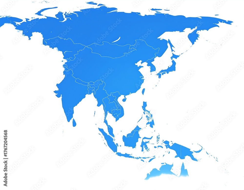 Obraz premium A blue, shaded map of Asia's countries and surrounding waters