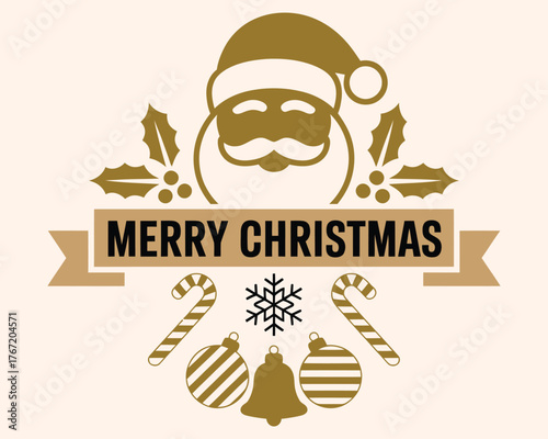 Festive Golden Christmas Emblem with Santa and Traditional Holiday Ornaments Design