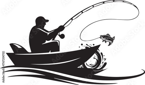 Silhouette of a fisherman casting a fishing rod from a boat, , catching a fish in a dynamic scene