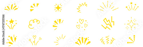 Star background confetti set. Hand drawn doodle star shapes and birthday confetti with cute sparkle, holiday twinkle brush elements, and glowing cartoon kid pattern. Vector illustration