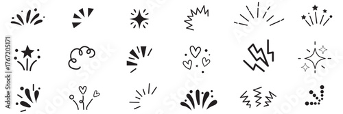 Star background confetti set. Hand drawn doodle star shapes and birthday confetti with cute sparkle, holiday twinkle brush elements, and glowing cartoon kid pattern. Vector illustration