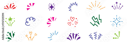 Star background confetti set. Hand drawn doodle star shapes and birthday confetti with cute sparkle, holiday twinkle brush elements, and glowing cartoon kid pattern. Vector illustration