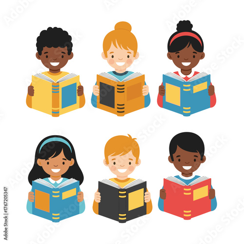 Group of diverse children joyfully immersed in reading books, fostering a love for learning and promoting multiculturalism.