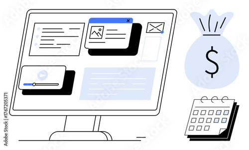 Desktop with open media and email apps, calendar for scheduling, money sack for budgeting. Ideal for content creation, task planning, organization, finance, time management, productivity simple flat