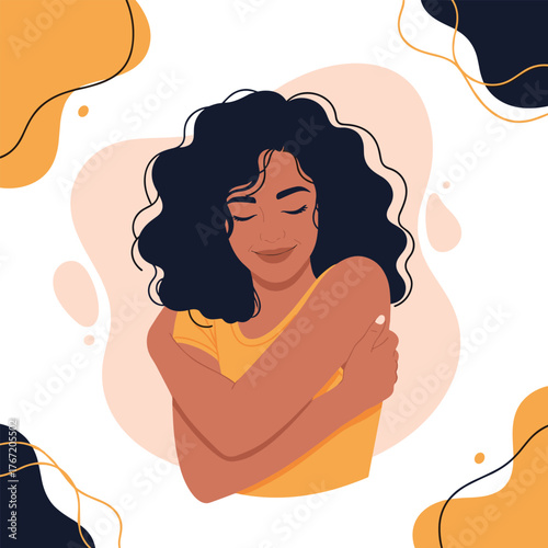 A smiling woman with dark curly hair lovingly embraces herself, symbolizing self-love, inner peace, and personal well-being amidst abstract elements.