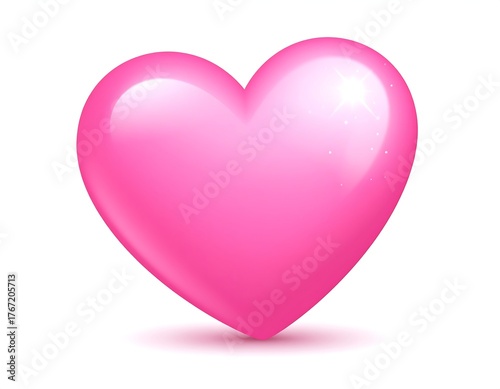 A glossy pink heart casting a shadow against a white background
