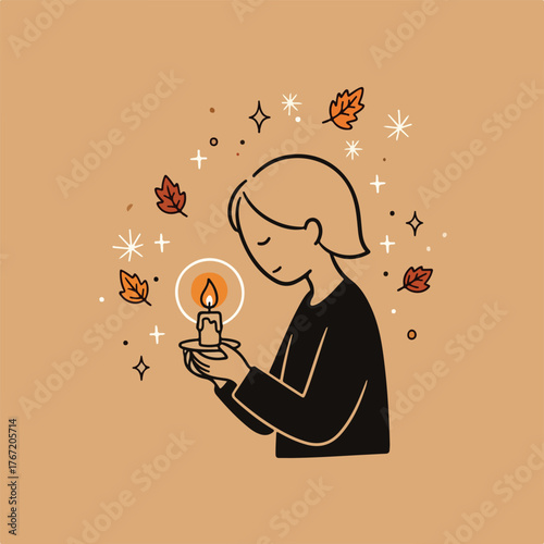 Illustration of a person holding a candle surrounded by leaves and sparkles.