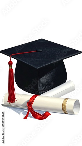 A graduation cap with a tassel sits atop a rolled diploma