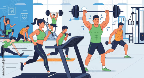 Gym Fitness Illustration – Women Training and Exercising Indoors with Equipment for Healthy Lifestyle and Sports Design