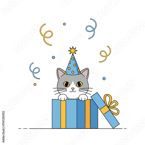 Cute cat wearing a party hat popping out of a blue gift box, surrounded by celebratory decorations.