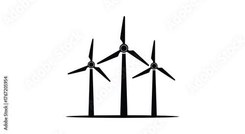 Silhouetted wind turbines stand tall against a white background representing clean energy and renewable power generation