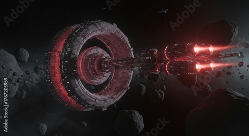 Fototapeta Naklejka Na Ścianę i Meble -  Spaceship accelerating near a space station in a dark asteroid field