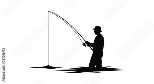 Silhouette of a lone fisherman standing in shallow water casting a fishing rod with a bent pole