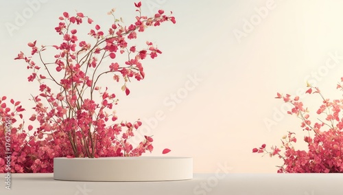 White podium displays delicate pink flowering branches against a soft sky.