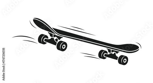 Dynamic illustration of a black skateboard in motion with speed lines against a white background