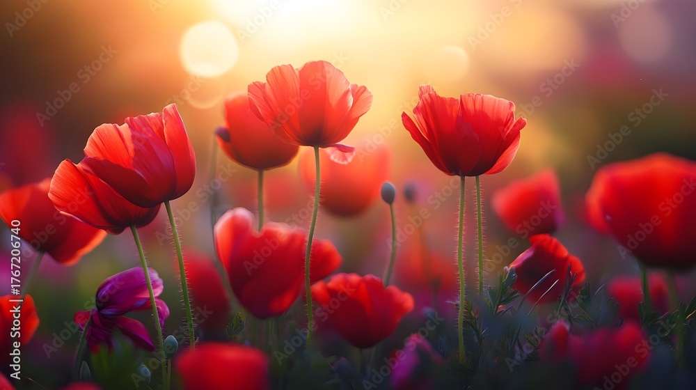 Obraz premium A field of red poppies bathed in the warm glow of the setting sun. The flowers sway gently in the breeze, creating a sense of peace and tranquility.