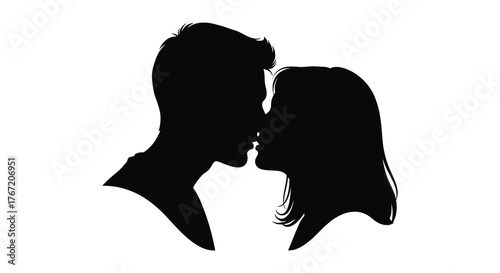 Silhouette of a loving couple sharing a tender kiss against a clean white background symbolizing romance and connection