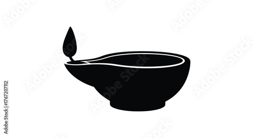 Simple black silhouette of a traditional oil lamp with a flame burning brightly