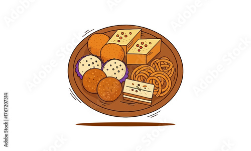 Traditional Indian Sweets and Snacks on Festive Plate – Vector Illustration