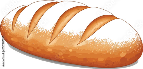 Freshly baked bread loaf dusted with powdered sugar on a clean white background