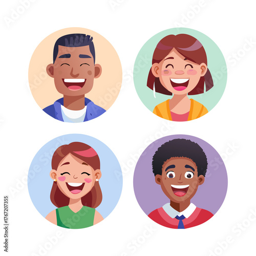 Portraits and avatars of people, male and female expressing emotions. Laughter and joy, smile and calmness. Diversity of personages, multiethnic society. Cartoon characters, vector in flat ... See Mor