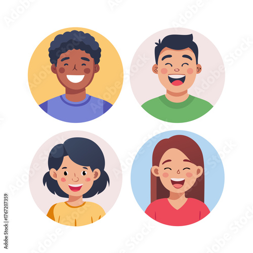 Portraits and avatars of people, male and female expressing emotions. Laughter and joy, smile and calmness. Diversity of personages, multiethnic society. Cartoon characters, vector in flat ... See Mor