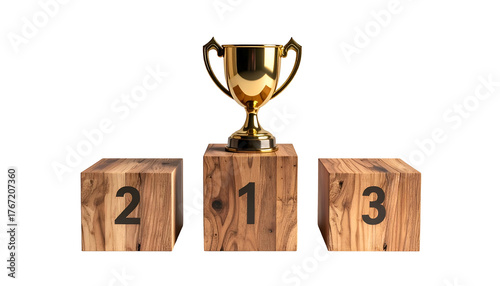 A gold trophy sits atop the first-place podium, with place numbers on each block