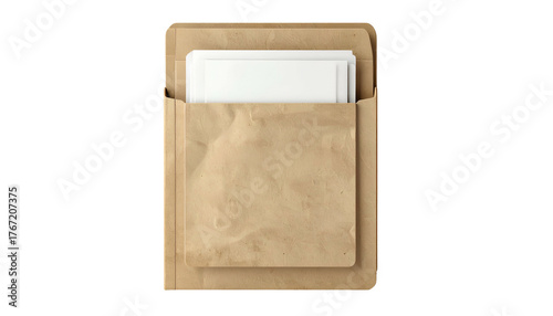 Brown paper envelope with white cards emerging, set against a dark background