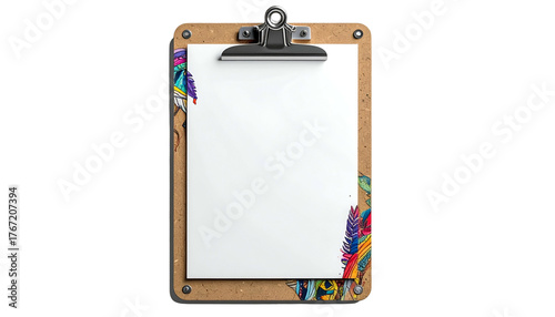 A wooden clipboard holding a blank white paper with decorative corners, on a black backdrop