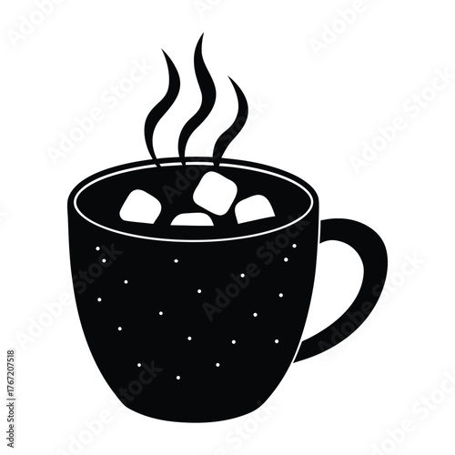  Hot cocoa cup with marshmallows and steam cozy winter silhouette