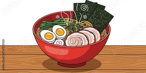 Delicious ramen bowl with eggs and pork on a wooden table ready to be served
