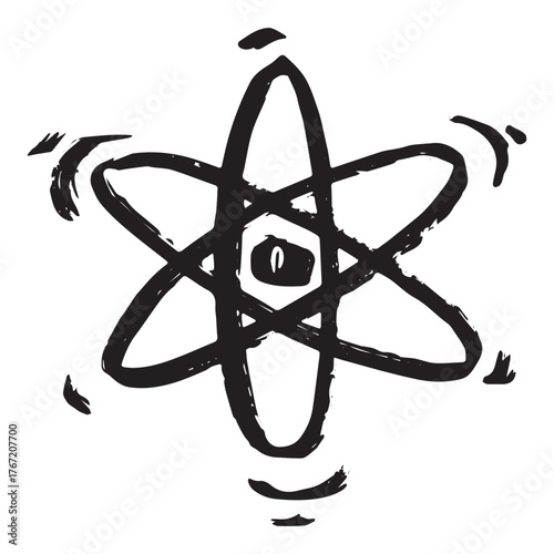 Hand drawn atom sign Molecule clipart in doodle style Single element for print, web, design, decor Symbol of science, education, nuclear energy, scientific research, molecular chemistry