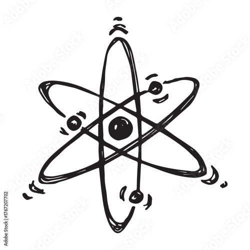 Hand drawn atom sign Molecule clipart in doodle style Single element for print, web, design, decor Symbol of science, education, nuclear energy, scientific research, molecular chemistry
