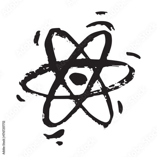 Hand drawn atom sign Molecule clipart in doodle style Single element for print, web, design, decor Symbol of science, education, nuclear energy, scientific research, molecular chemistry