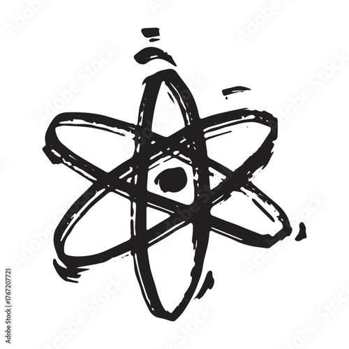 Hand drawn atom sign Molecule clipart in doodle style Single element for print, web, design, decor Symbol of science, education, nuclear energy, scientific research, molecular chemistry
