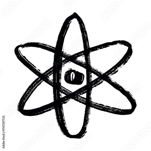 Hand drawn atom sign Molecule clipart in doodle style Single element for print, web, design, decor Symbol of science, education, nuclear energy, scientific research, molecular chemistry