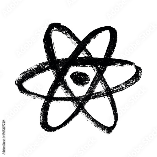 Hand drawn atom sign Molecule clipart in doodle style Single element for print, web, design, decor Symbol of science, education, nuclear energy, scientific research, molecular chemistry