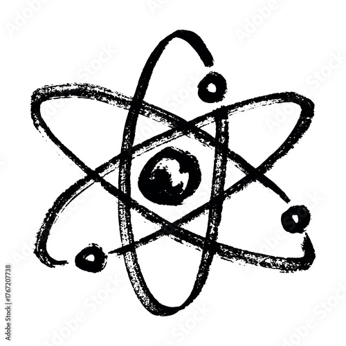 Hand drawn atom sign Molecule clipart in doodle style Single element for print, web, design, decor Symbol of science, education, nuclear energy, scientific research, molecular chemistry