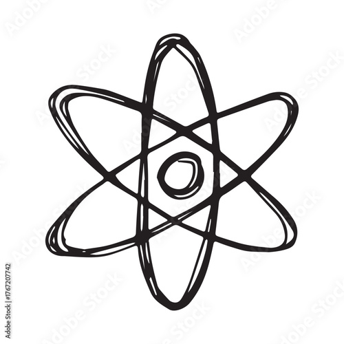 Hand drawn atom sign Molecule clipart in doodle style Single element for print, web, design, decor Symbol of science, education, nuclear energy, scientific research, molecular chemistry
