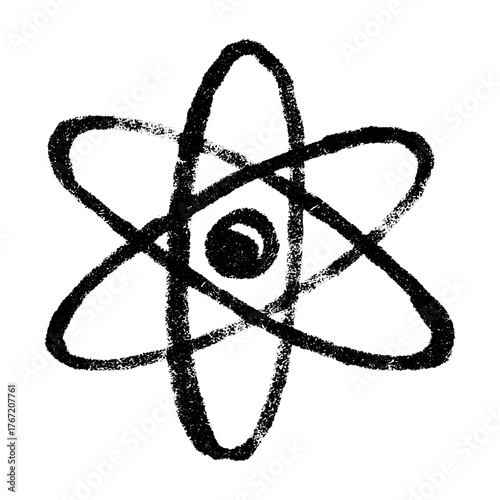 Hand drawn atom sign Molecule clipart in doodle style Single element for print, web, design, decor Symbol of science, education, nuclear energy, scientific research, molecular chemistry